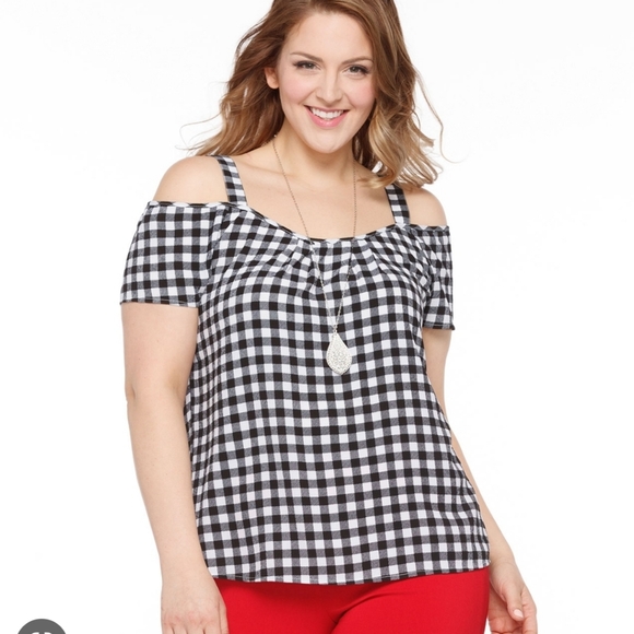 Rickis GINGHAM PRINT COLD SHOULDER BLOUSE 14/L - Picture 1 of 4